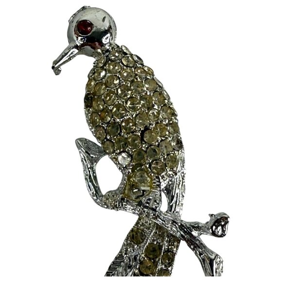 Rhinestone Bird On Tree Branch Brooch Pin With Red Eye & Silver Finish - Picture 4 of 7